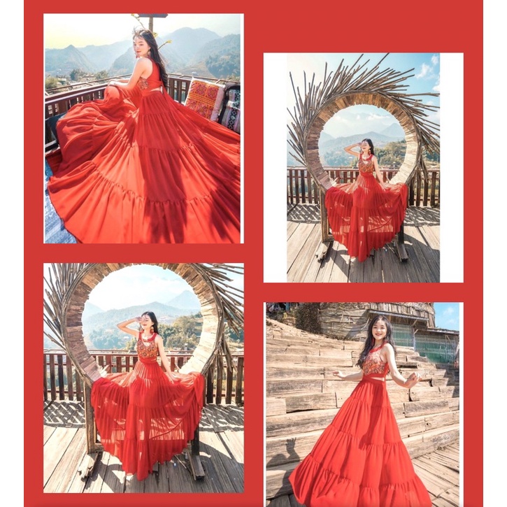 Đầm Vintage, Váy Maxi Đi Biển V112A, Chất Voan Mềm Mát, Màu Đỏ Phối Thổ Cẩm, Siêu Phẩm Của Tín Đồ Sống Ảo, Mẫu Mới 2022