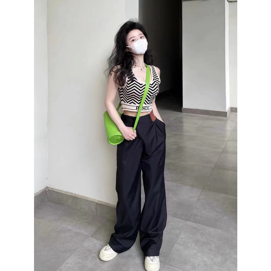 Cocory vn Áo Hai Dây Dệt Kim Cổ Chữ U Kẻ Sọc Quyến Rũ Thời Trang Mùa Hè Cho Nữ