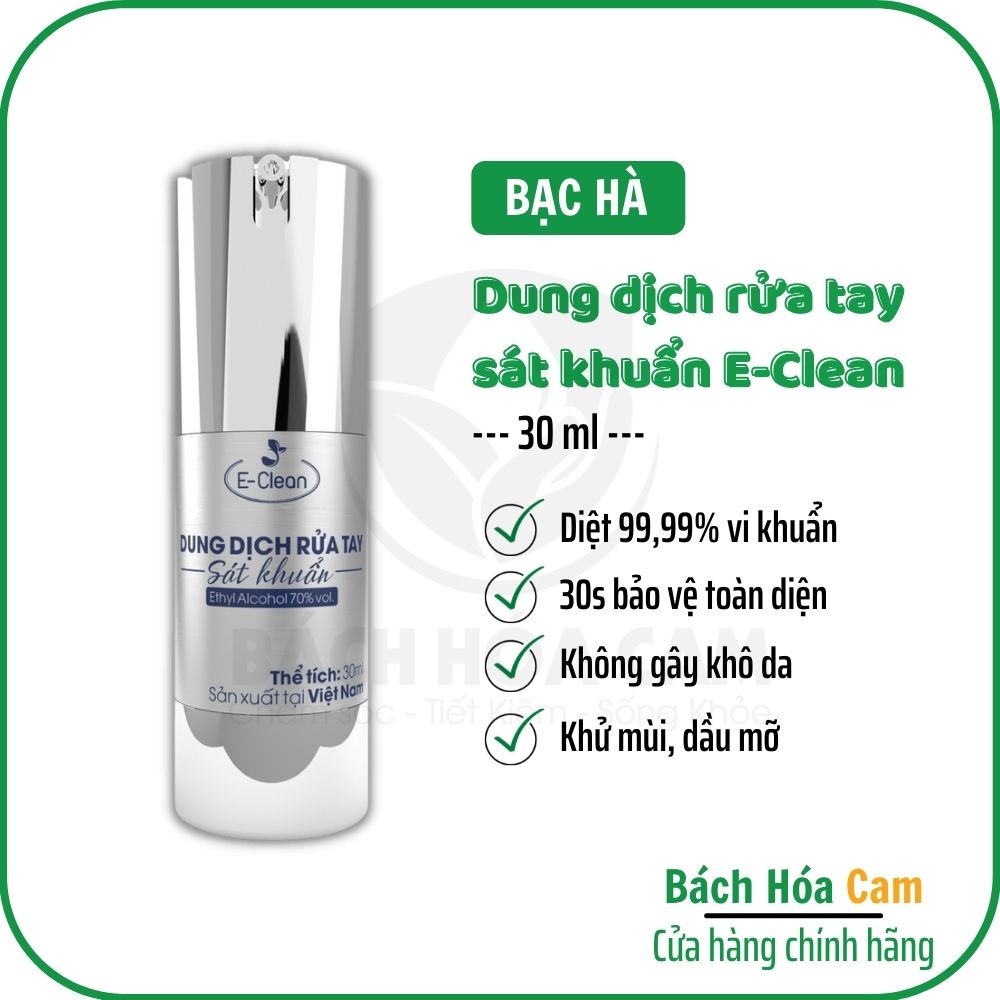 Gel rửa tay khô E-Clean 30ml, dung dịch rửa tay diệt 99,9% vi khuẩn