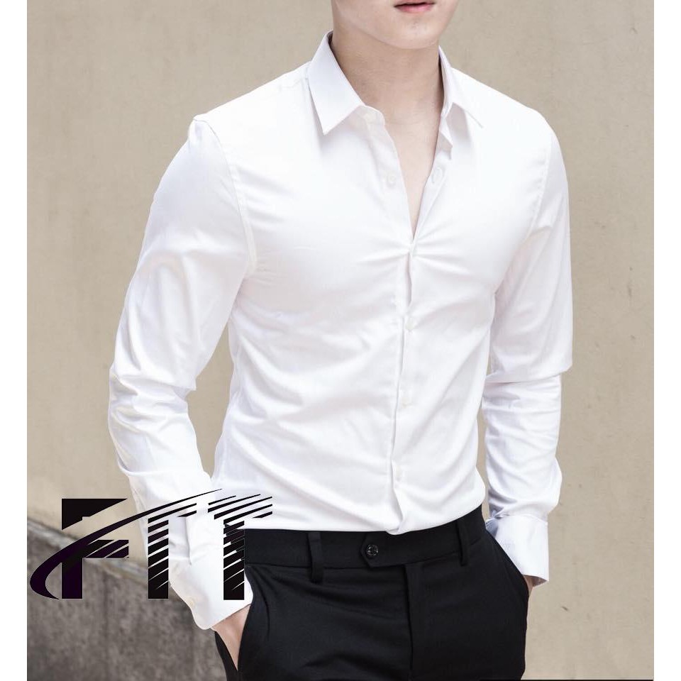 Áo sơ mi nam nữ dài tay Unisex Basic TRƠN Form Slim màu trắng Chất cotton lụa mịn mát | BigBuy360 - bigbuy360.vn