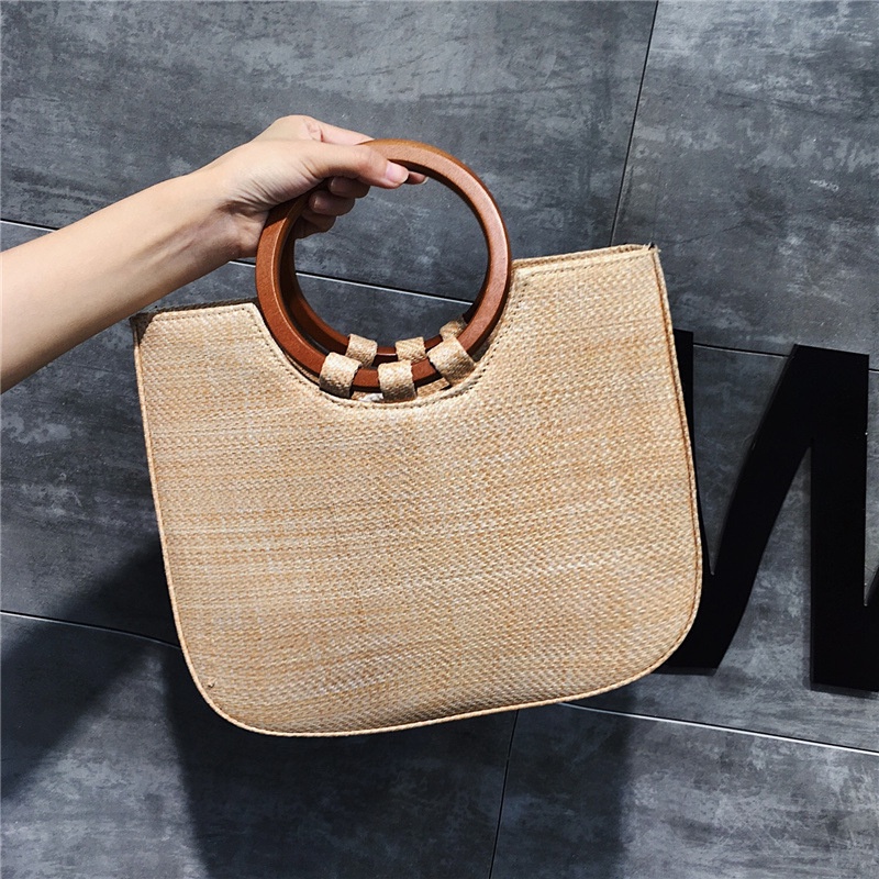 Túi xách IELGY đeo vai bằng rơm tay cầm bằng gỗ đơn giản phiên bản hàn quốc mới cho nữ