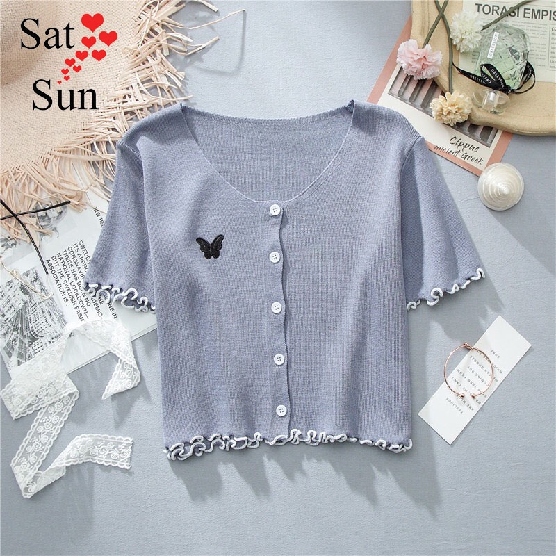 Áo len croptop nữ chất mongtoghi mỏng thoáng mát thêu hoạ tiết satsun | BigBuy360 - bigbuy360.vn