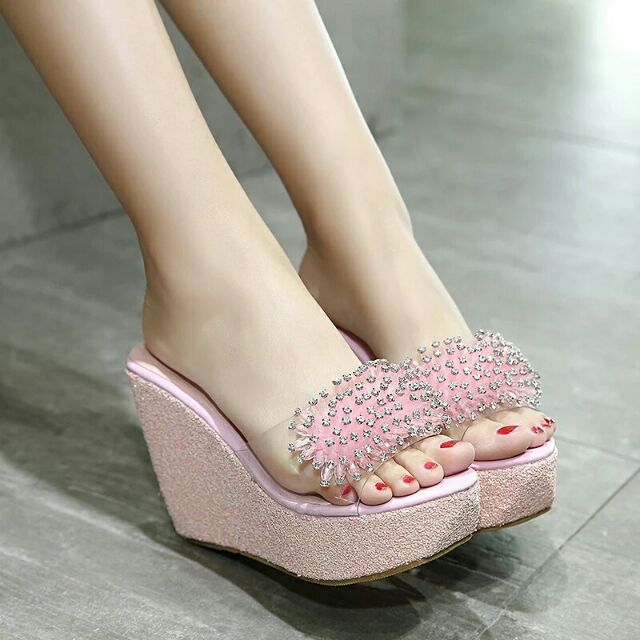 Dép đế xuồng nhũ kim sa quai đính đá 8-12 cm, hàng cao cấp