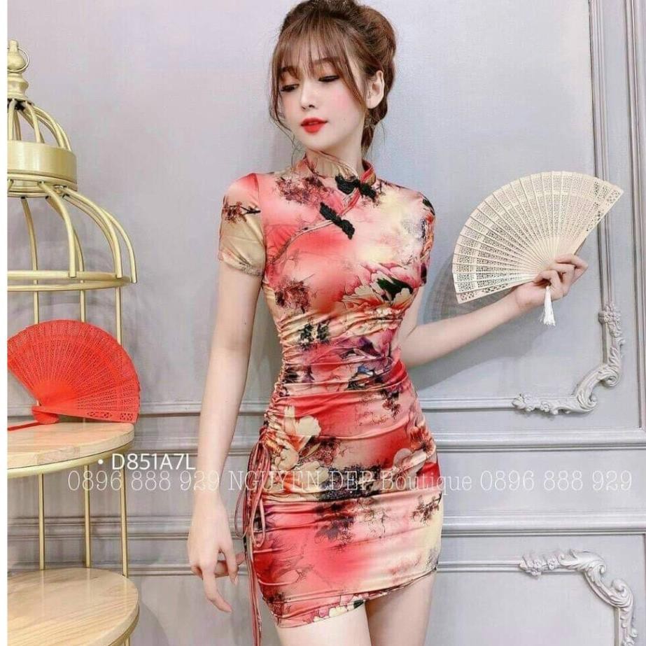 Váy đầm nữ body sườn xám cách tân rút dây bên hồng | BigBuy360 - bigbuy360.vn