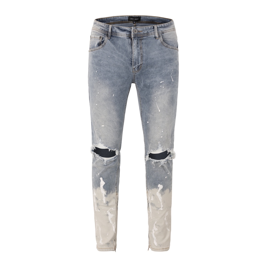 Quần jean nam cao cấp streetwear Q25 màu xanh sáng có zip vẫy sơn  form slimfit chất jean co giãn, thoải mái.