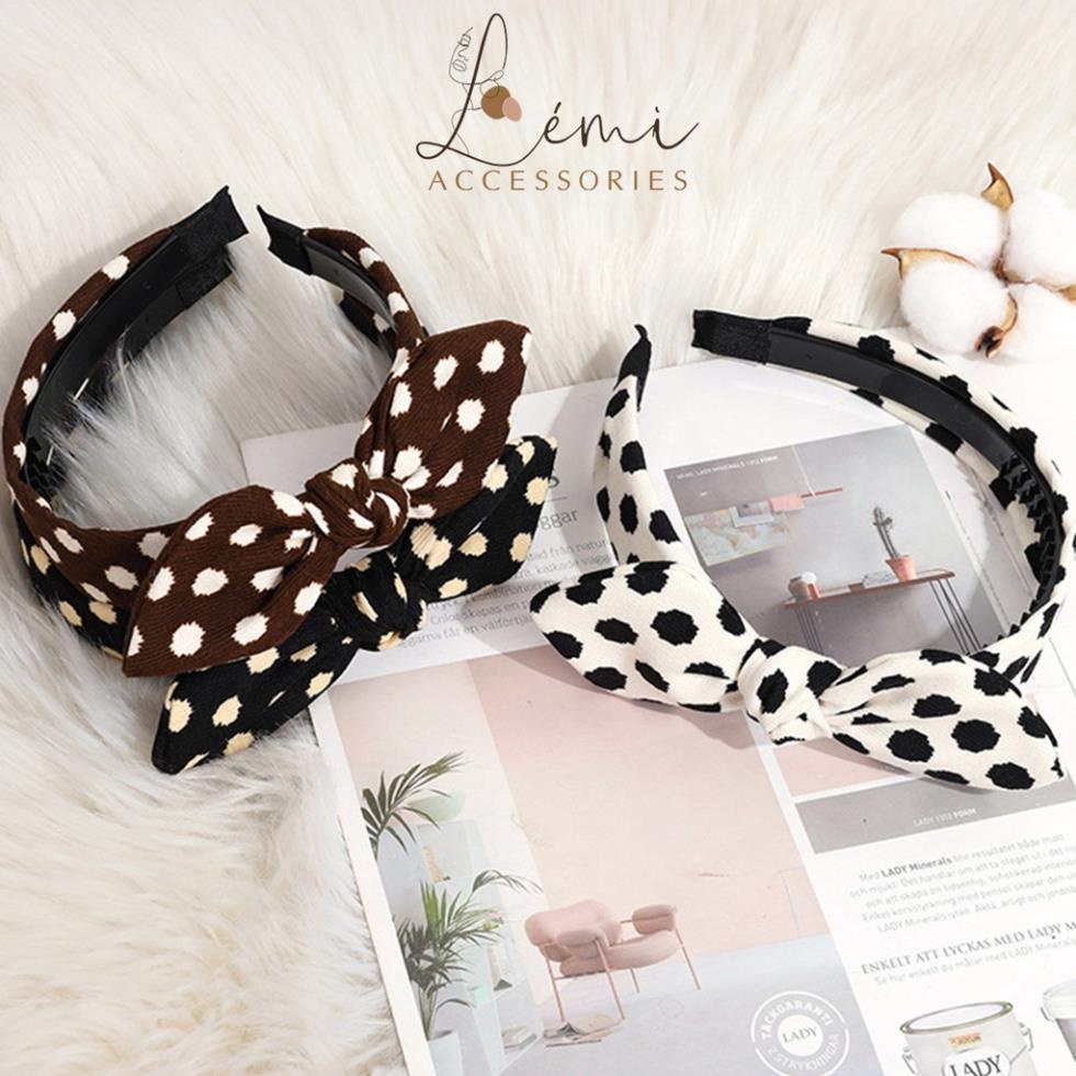 Bờm vải cài tóc thắt nơ hoạ tiết chấm bi, vằn đen trắng siêu xinh, phụ kiện tóc nổi bật, June Accessories