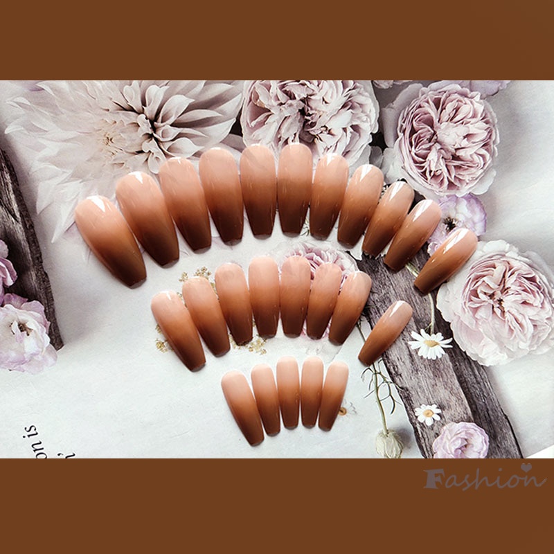 Bộ 24 Móng Tay Giả Đầu Nhọn Dài Màu Nâu Gradient