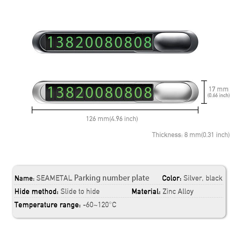 Bảng số điện thoại SEAMETAL gắn trên ô tô/ biển số xe hơi tạm thời bằng kim loại 126mm * 17mm màu dạ quang