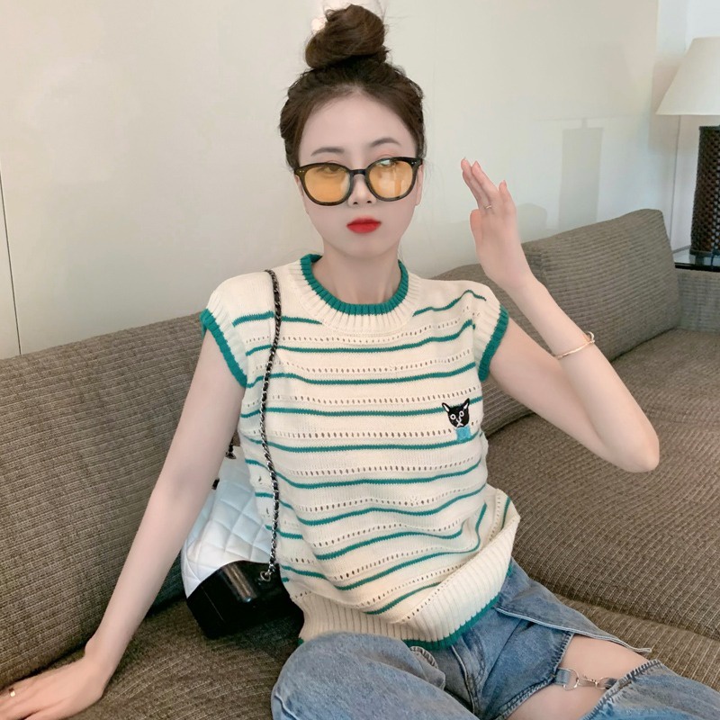 Áo len ZHELIHANGFEI không tay họa tiết sọc thời trang dành cho nữ