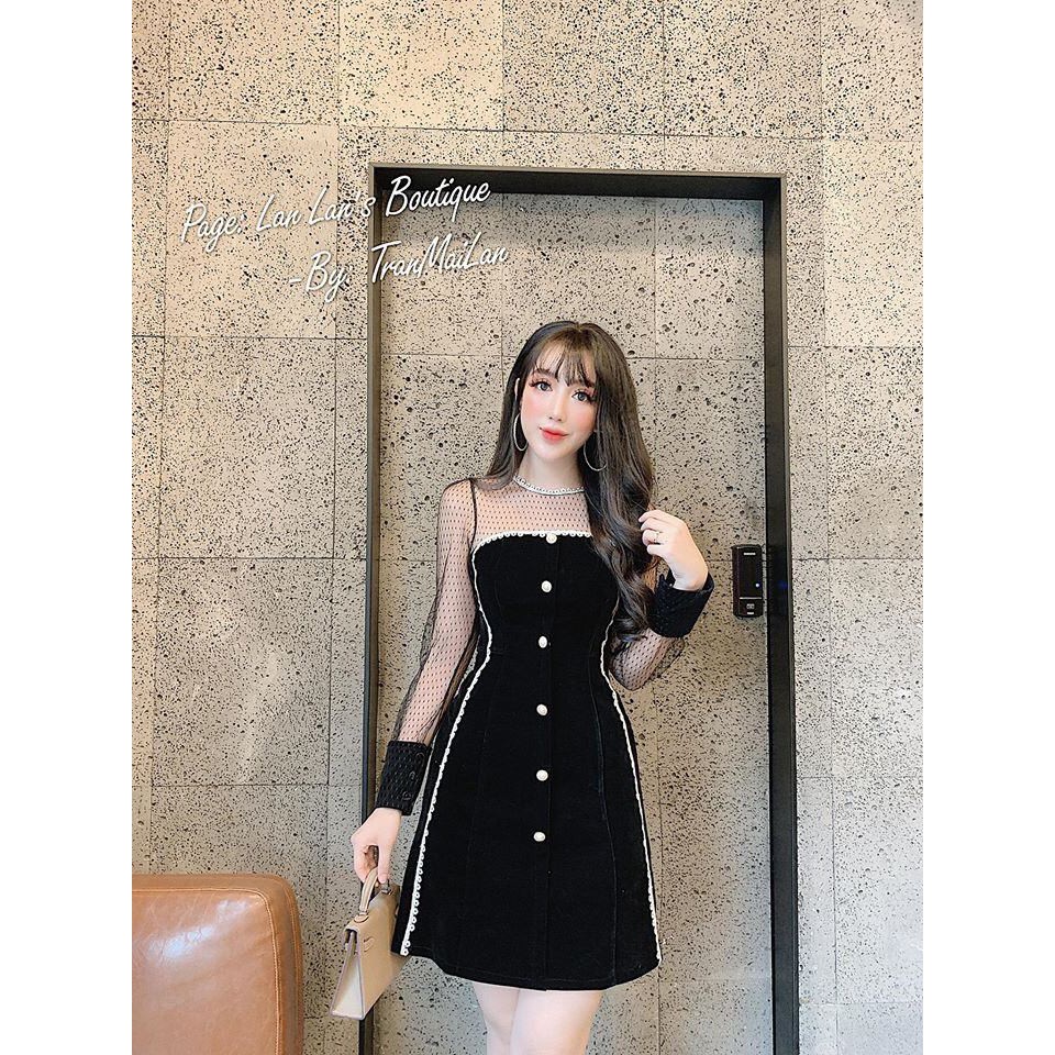 váy nhung cứng pha ren cúc ngọc