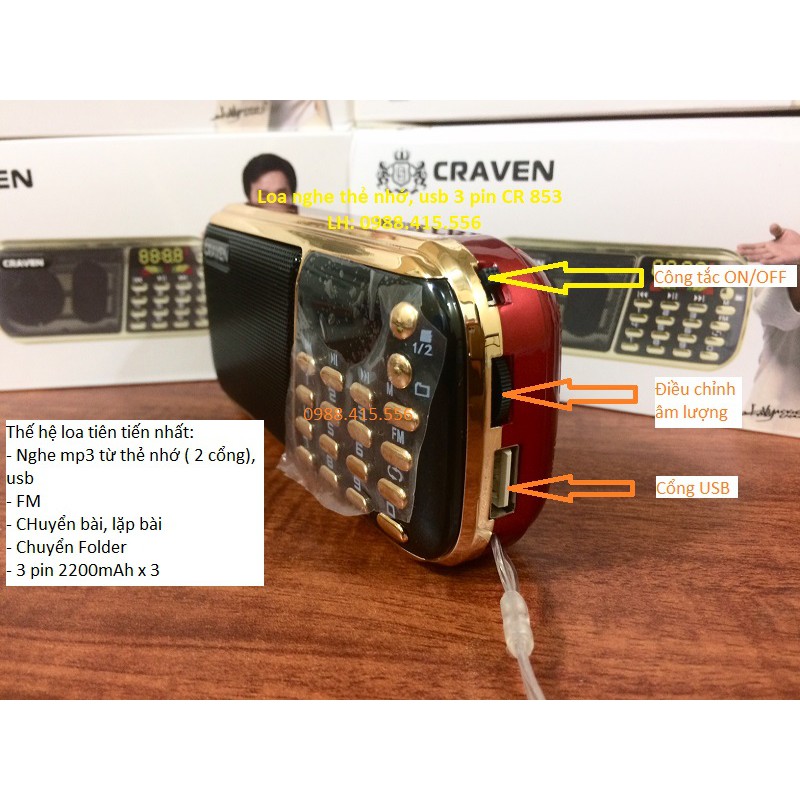 Loa nghe thẻ nhớ, Usb, FM 3 pin Craven CR 853