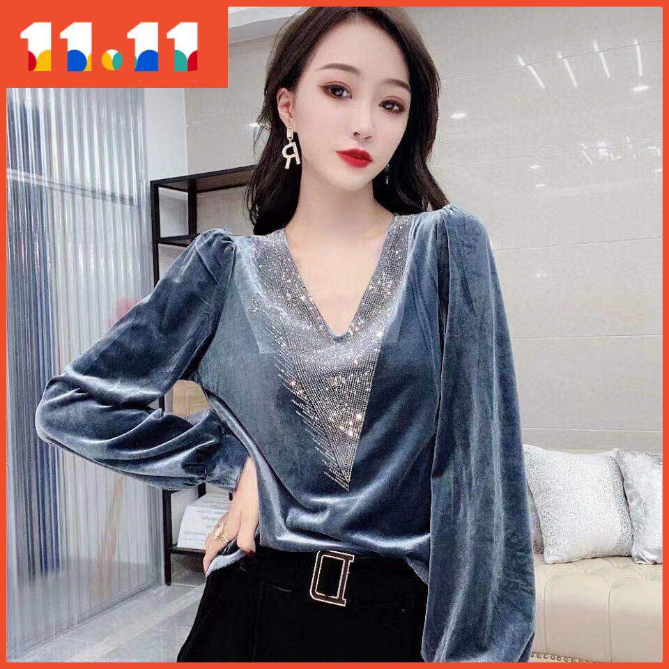 Áo nhung tay phồng cổ chữ V đính đá phong cách Châu Âu 2020