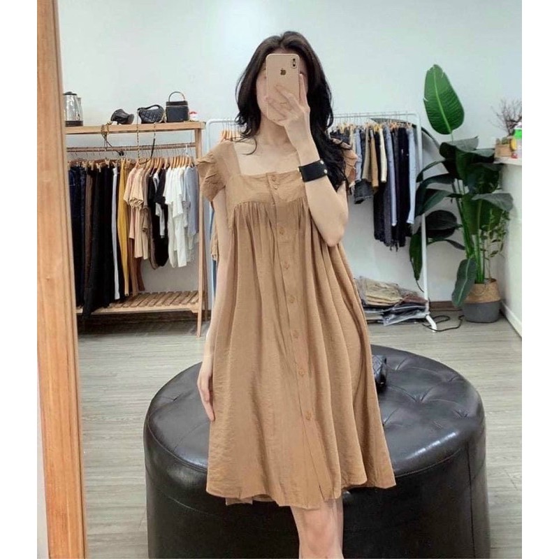 Đầm đũi suông-váy đũi cánh tiên cài cúc cổ vuông hàng bán shop | BigBuy360 - bigbuy360.vn