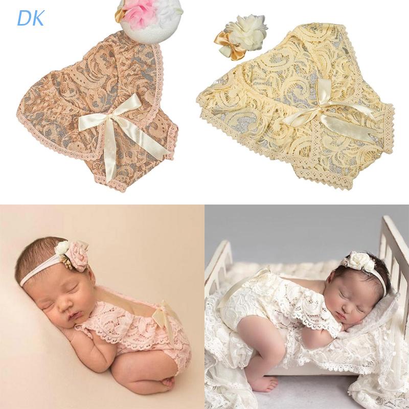 Set 2 món áo liền quần + băng đô ren dùng làm phụ kiện chụp ảnh cho bé gái 0-1 tháng tuổi
