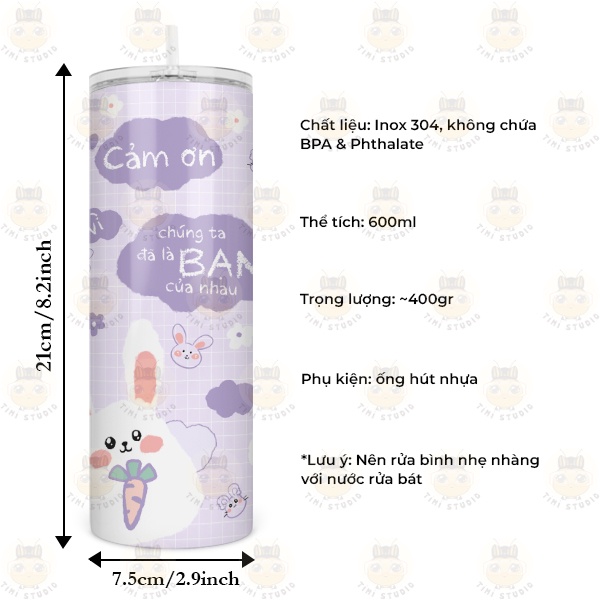 Bình Giữ Nhiệt Cute Dễ Thương - Ly Giữ Nhiệt Hình Cute Dễ Thương - Cốc Giữ Nhiệt Hình Cute Dễ Thương - 600ml - Inox 304