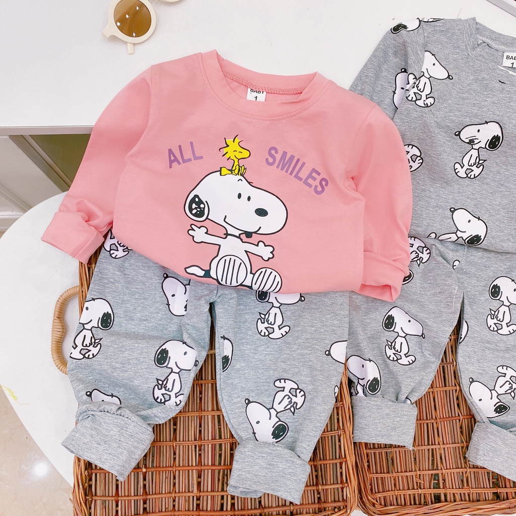 BỘ ĐỒ QUẦN ÁO DÀI TAY COTTON TÀU IN HÌNH SNOPPY CỰC KÌ CUTEEE PHOMAI QUE CHO BÉ SIZE 8-20Kg