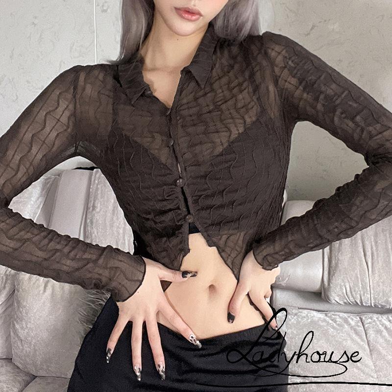 Áo Sơ Mi Croptop Tay Dài Vải Mỏng Màu Trơn Cài Nút Thời Trang Mùa Hè Cho Nữ