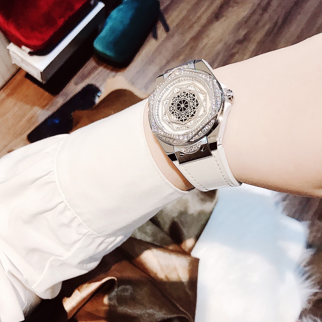 Đồng Hồ Huboler Hanboro Nữ Dây Silicon Bọc Da Trắng Silver 38mm Chính Hãng