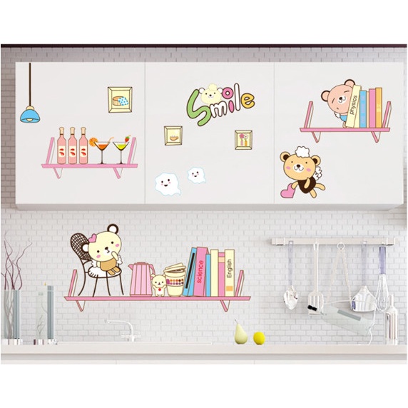 Decal trang trí tường - Những chú gấu dễ thương trên chiếc kệ sách