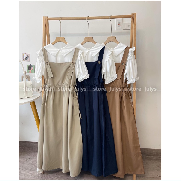 Set yếm váy ulzzang rút eo kèm áo sơ mi tay bồng chuzme