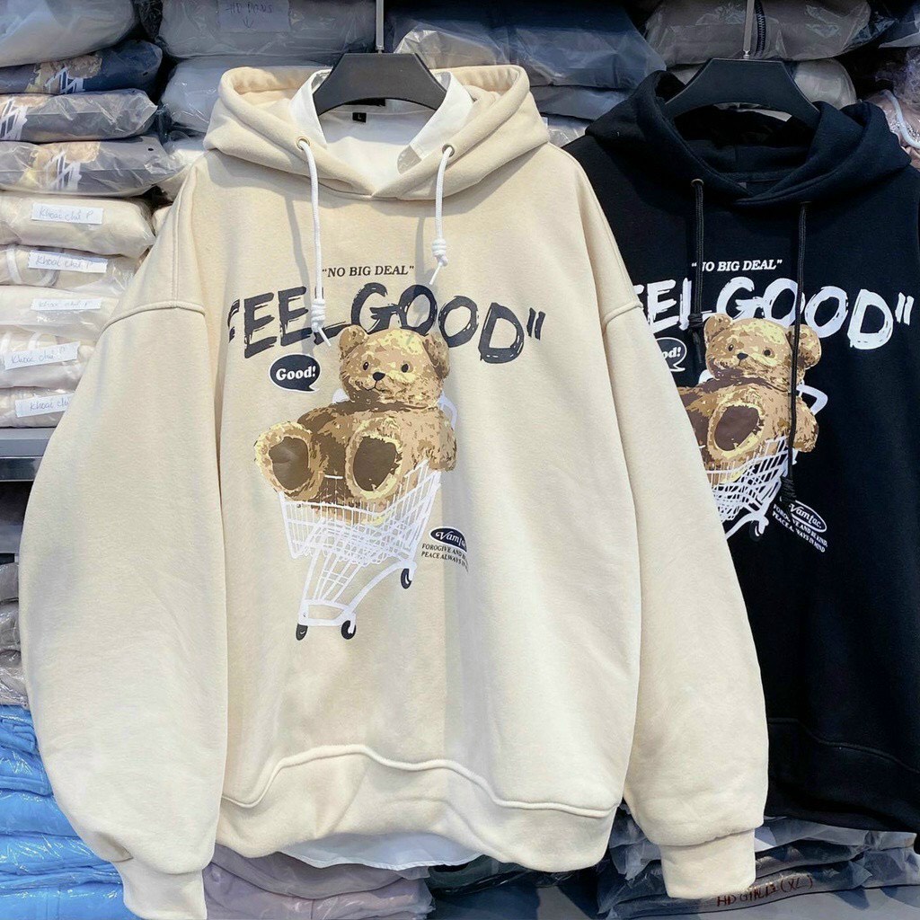 ÁO KHOÁC HOODIE CHUI ĐẦU IN CON GẤU FEELGOOD NỈ NGOẠI NỮ MÀU ĐEN MÀU BE CHẤT NỈ NGOẠI CAO CẤP NITIQC XỊN SÒ