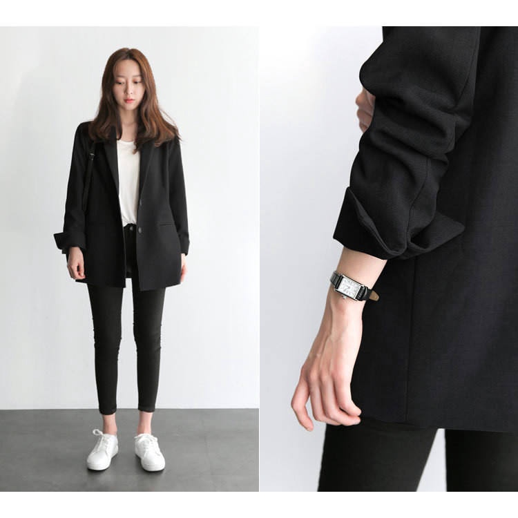 Áo khoác blazer dáng rộng màu đen trơn phong cách Hàn Quốc cho nữ blazer