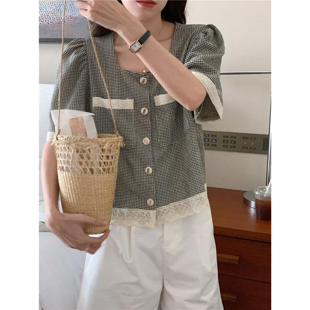 Áo Sơ Mi Kẻ Ô Mềm Mại Ngắn Tay Phối Ren Thanh Lịch 53698