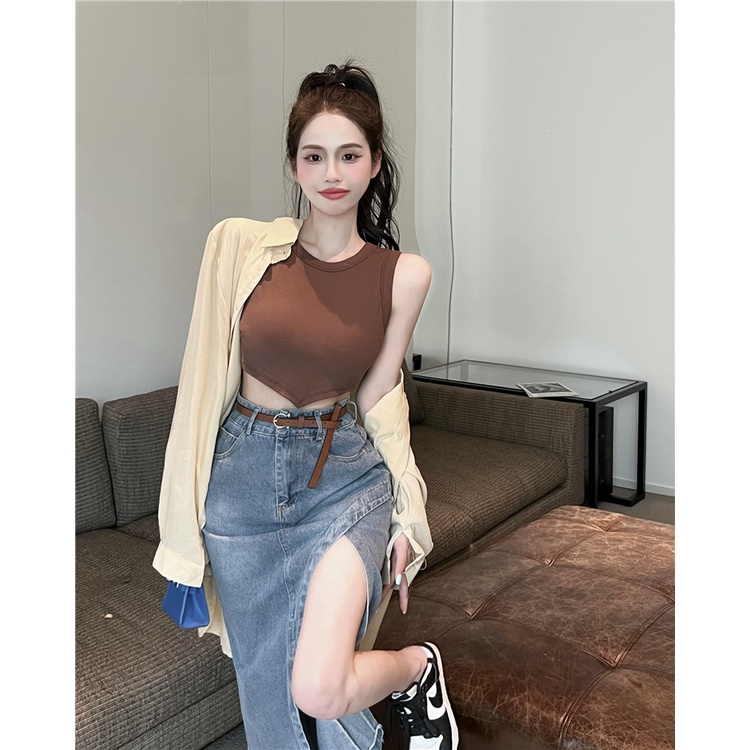 Bộ Áo Hai Dây + Áo Sơ Mi Tay Dài Chống Nắng + Chân Váy Denim Xẻ Tà Lưng Cao Thời Trang Quyến Rũ Cho Nữ
