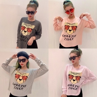 Áo sweater dài tay len dệt kim in con Báo vnxk