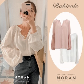 (ORDER) Áo sơ mi nữ dài tay MORAN mỏng nhẹ đơn giản cổ V tay rộng búp bê