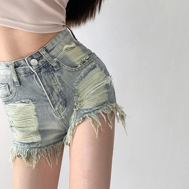 Porozi  Quần short jean denim rách lưng cao thời trang Hàn Quốc cho nữ