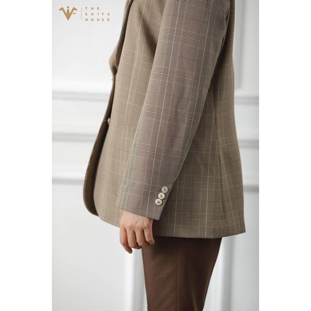 Bộ vest nữ nâu kẻ ô 2 khuy túi đắp, suits sartorial chất cashmere The Suits House