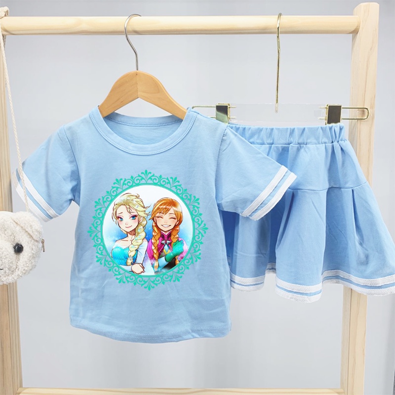 Bộ Áo Thun Tay Ngắn In Hình Công Chúa Elsa Anna Năm 2021 + Chân Váy Xếp Ly Cho Bé Gái (2-8 Tuổi)