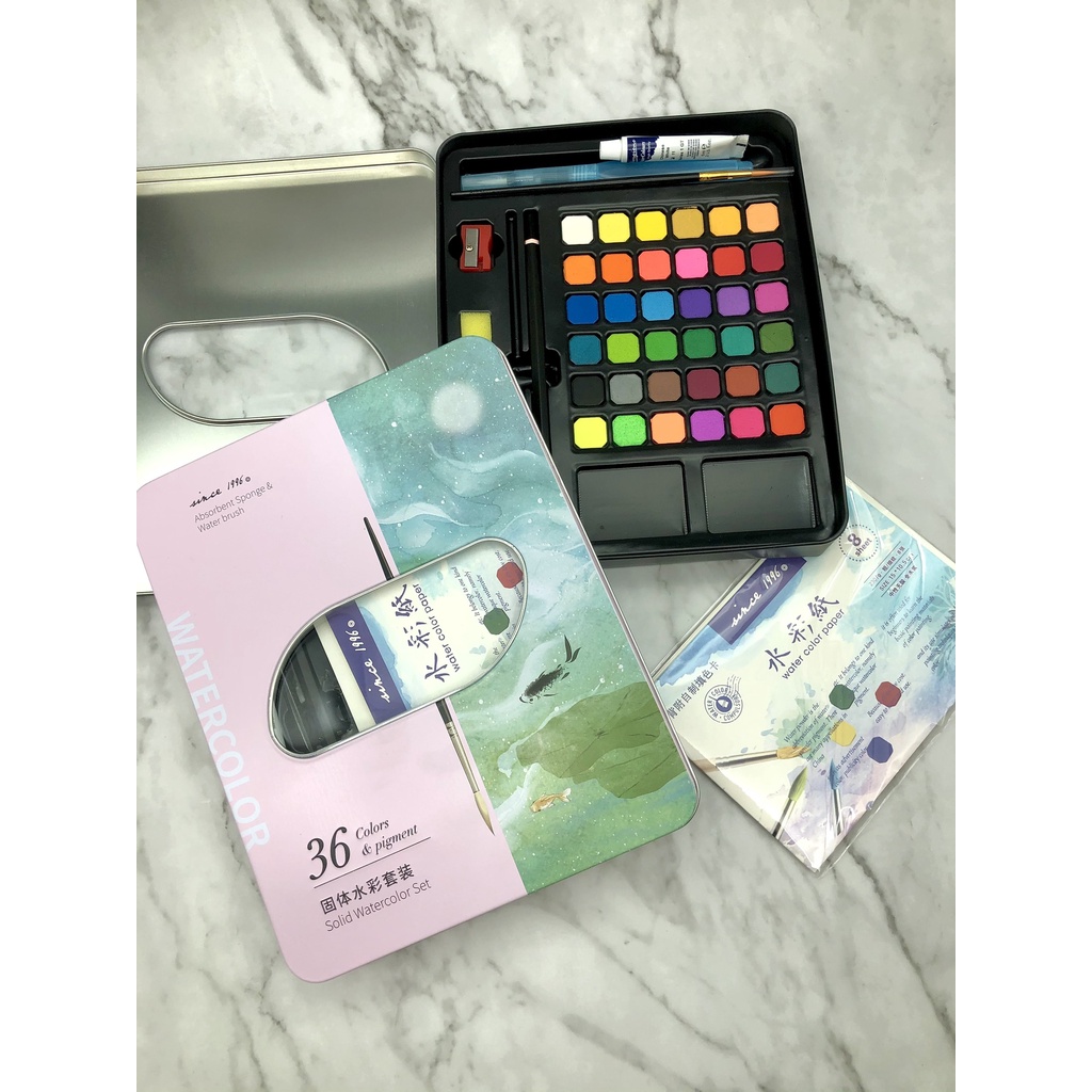 Bộ Màu Nước 36 Màu Kèm Cọ Vẽ Tranh Màu Nước - Bộ Màu Nước Dạng Nén - Solid Watercolor Set