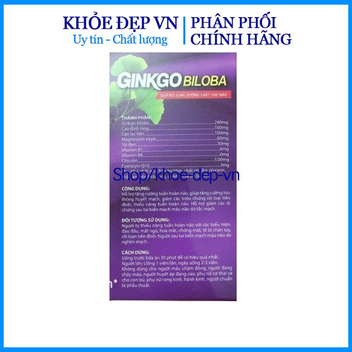 Hoạt Huyết Dưỡng Não Ginkgo Biloba 240mg - Giảm Đau Đầu, Hoa Mắt, Chóng Mặt - Hộp 100 Viên Sử Dụng 50 Ngày