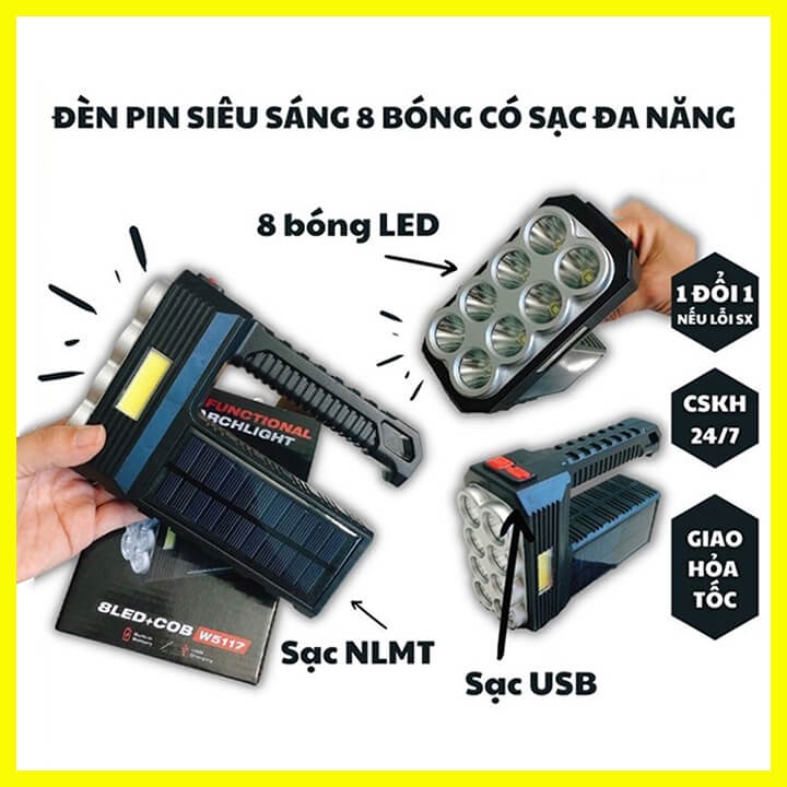 Đèn pin cầm tay 8 bóng siêu sáng chiếu xa 300m, đèn pin Led sạc tích điện năng lượng mặt trời có COB phụ, pin trâu