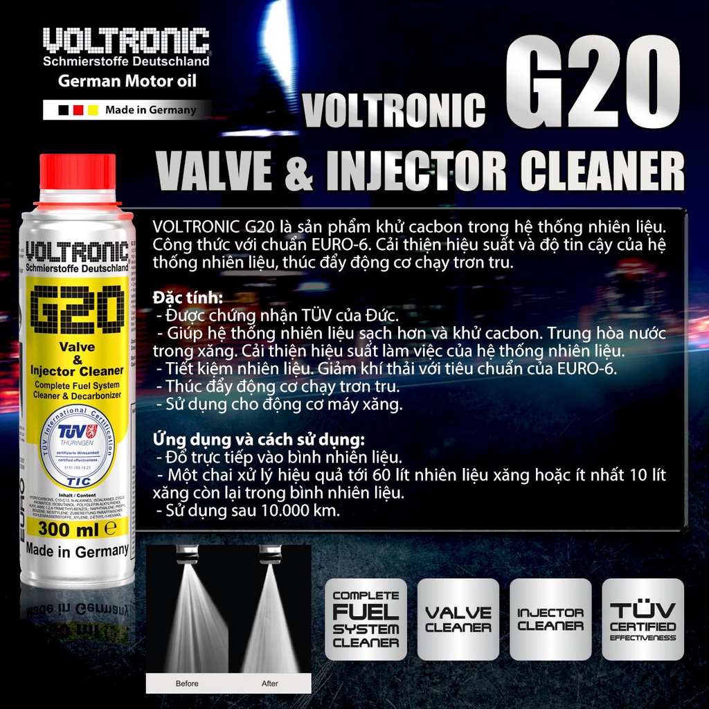 Phụ gia xăng Vệ Sinh Kim Phun Buồng Đốt Voltronic G20 300ml - chiếc lẻ