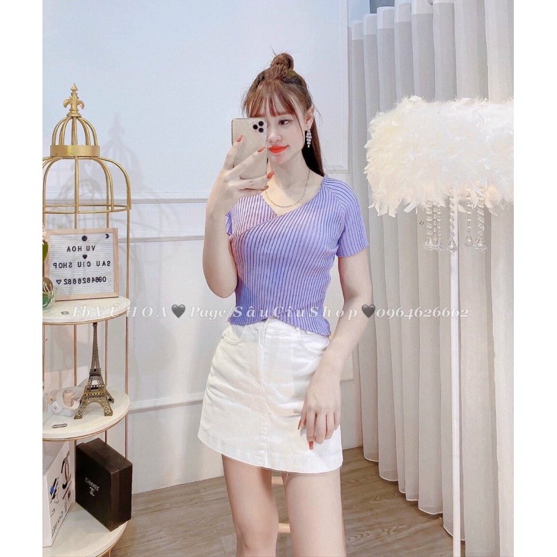 Áo len mỏng cộc tay vạt chéo xinh xắn