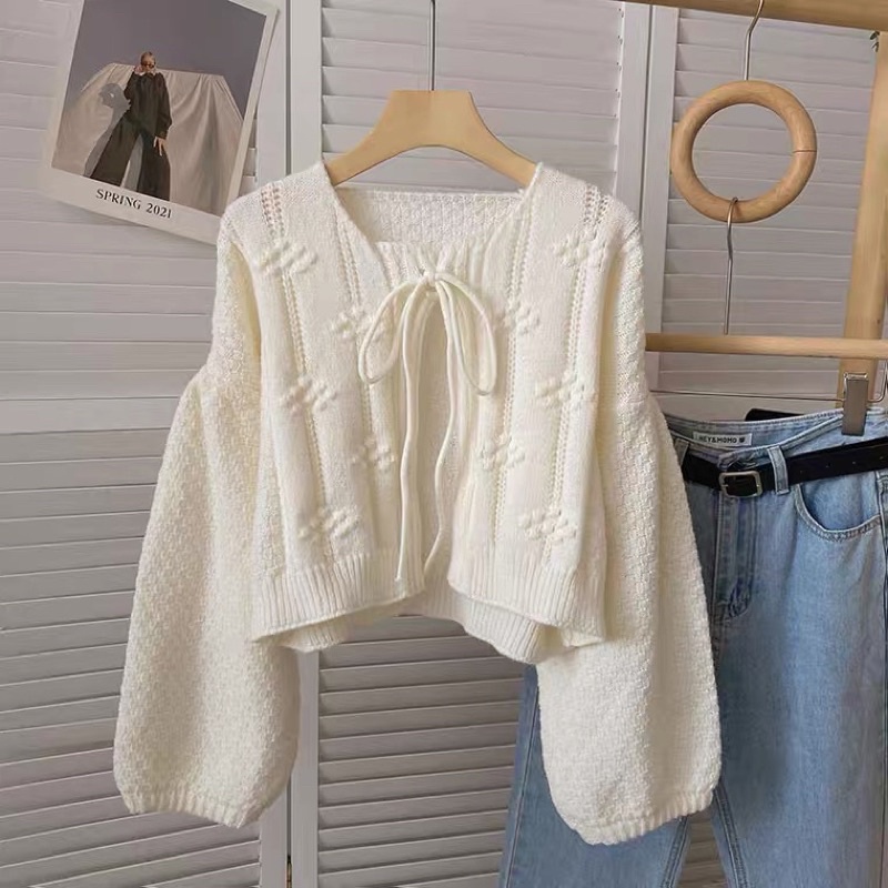Áo khoác len cardigan dệt kim kem tay dài phồng buộc nơ cổ (không kèm áo trong) dễ thương Yannie