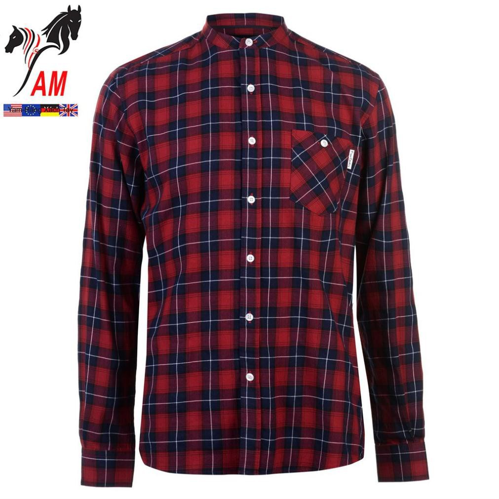 Áo Sơ Mi Nam PIERRE Cardin Grandad Collar Flannel Shirt Mens Cao Cấp ( Red - Size EU - UK)