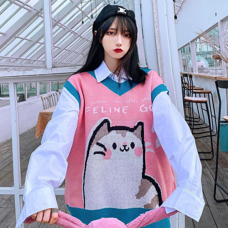 Áo Dệt Kim Sát Nách Dáng Rộng Kiểu Hoạt Hình Mèo Đáng Yêu Cho Cặp Đôi