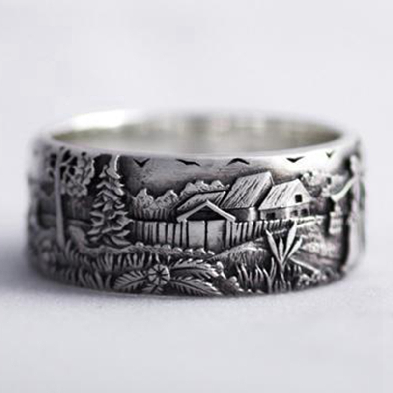 flowersqueen Nhẫn hợp kim mặt được khắc họa tiết cổ điển thời trang độc đáo