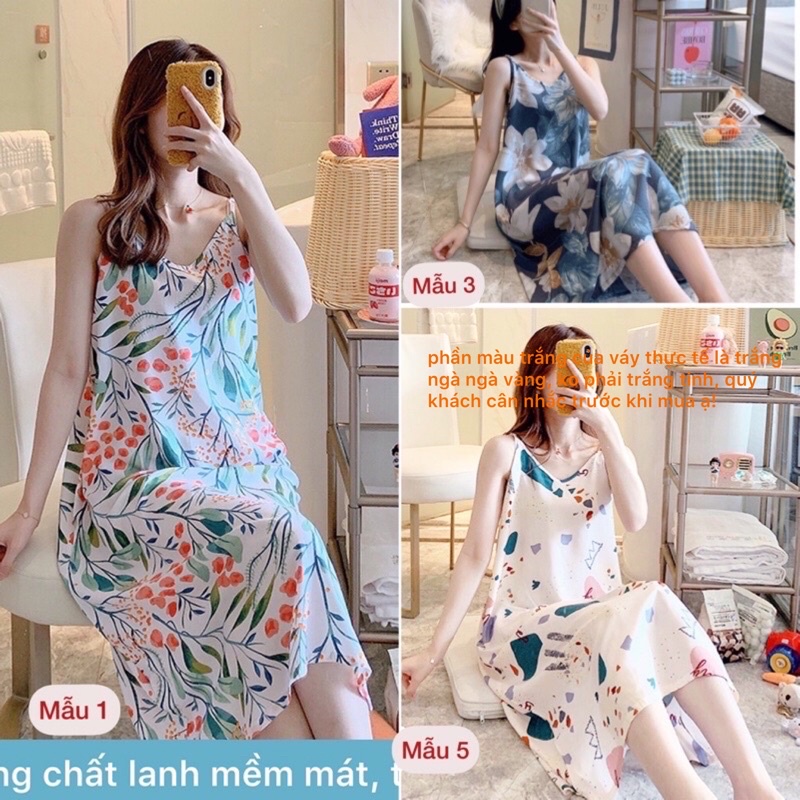 Váy lanh, váy ngủ Quảng Châu 2 dây mềm mát, hoạ tiết trẻ trung, thời trang | BigBuy360 - bigbuy360.vn