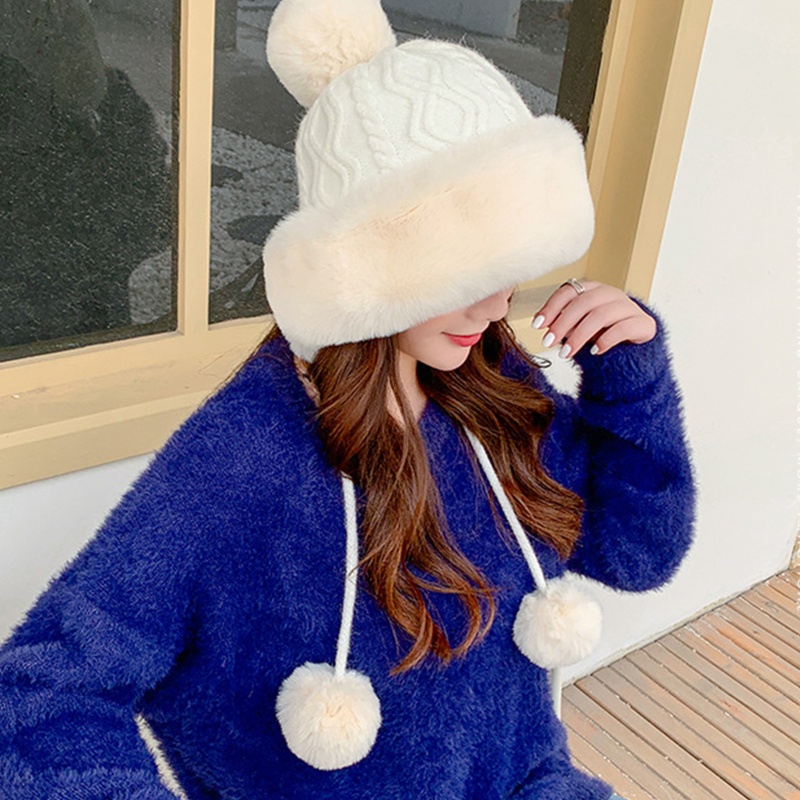 Mũ Len Dày Dặn Giữ Ấm Mùa Đông Chống Gió Màu Trơn Gắn Quả Bông Dễ Thương Cho Nữ