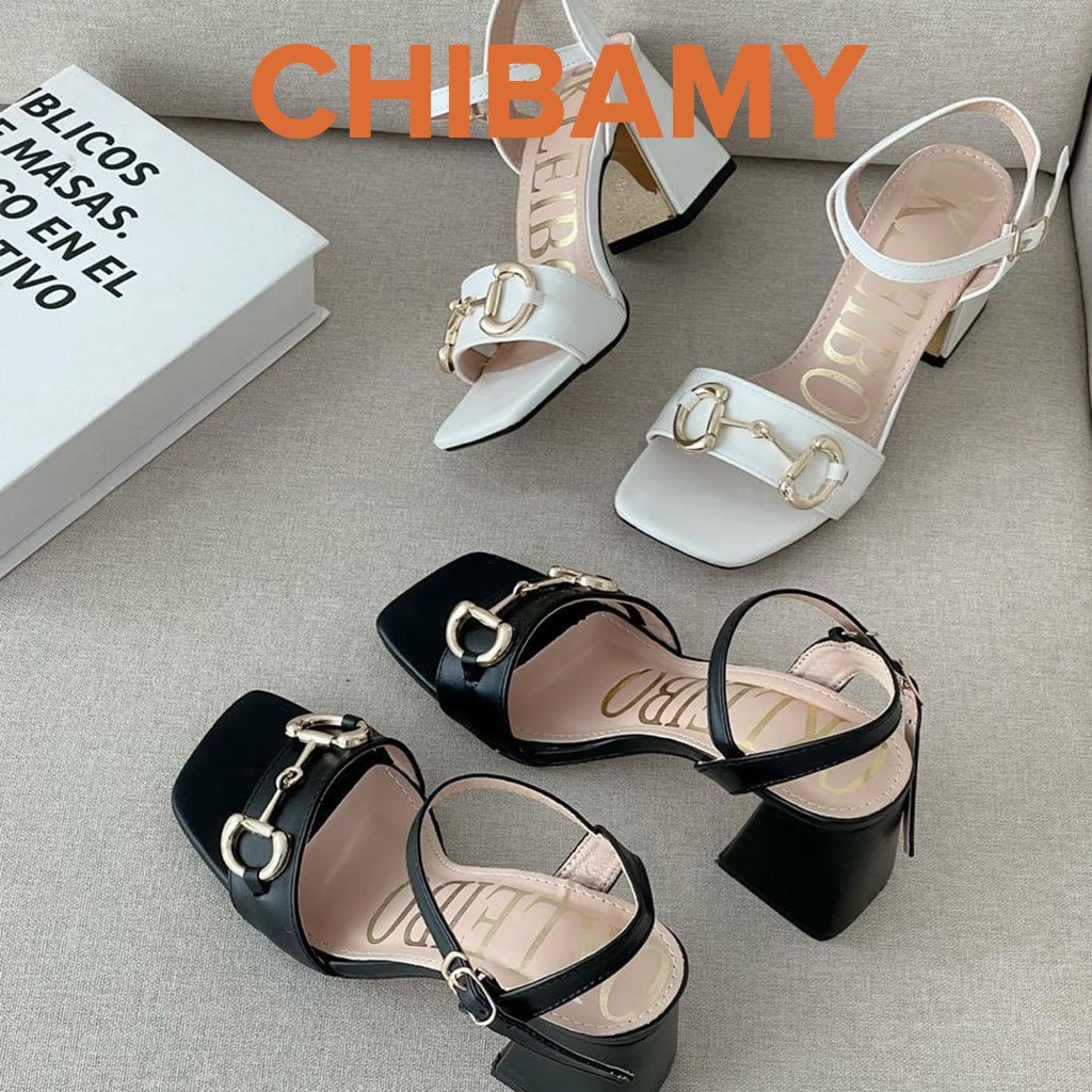 Giày Sandal cao gót nữ GuC chất da mềm CHIBAMY, dép quai hậu nữ gót vuông cao 7cm