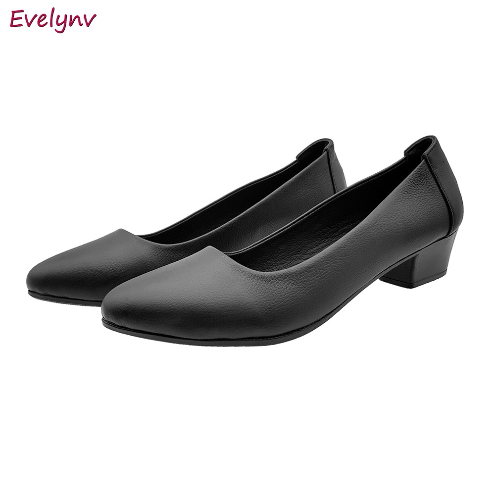 Giày Cao Gót 3Cm Giày Gót Vuông Da Bò Nguyên Tấm Sang Trọng Evelynv 3P0216 (Đen)
