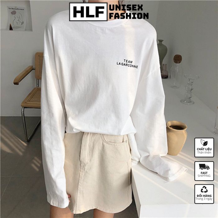 Áo thun tay dài form rộng unisex thêu chữ Team La Garconne, áo dài tay nam nữ tay phồng HLFashion