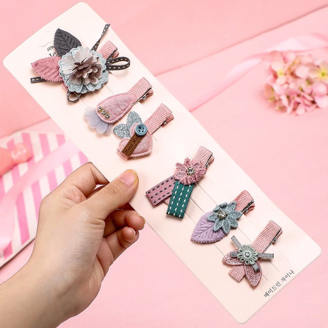 Set 6 kẹp tóc màu hồng cho bé gái style Hàn Quốc dễ thương, xinh xắn