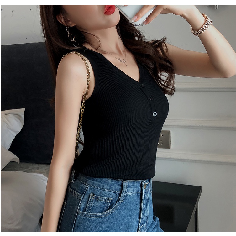 8 màu sắc thoải mái cho phụ nữ áo tank top dệt kim lụa viền áo cổ chữ V | BigBuy360 - bigbuy360.vn