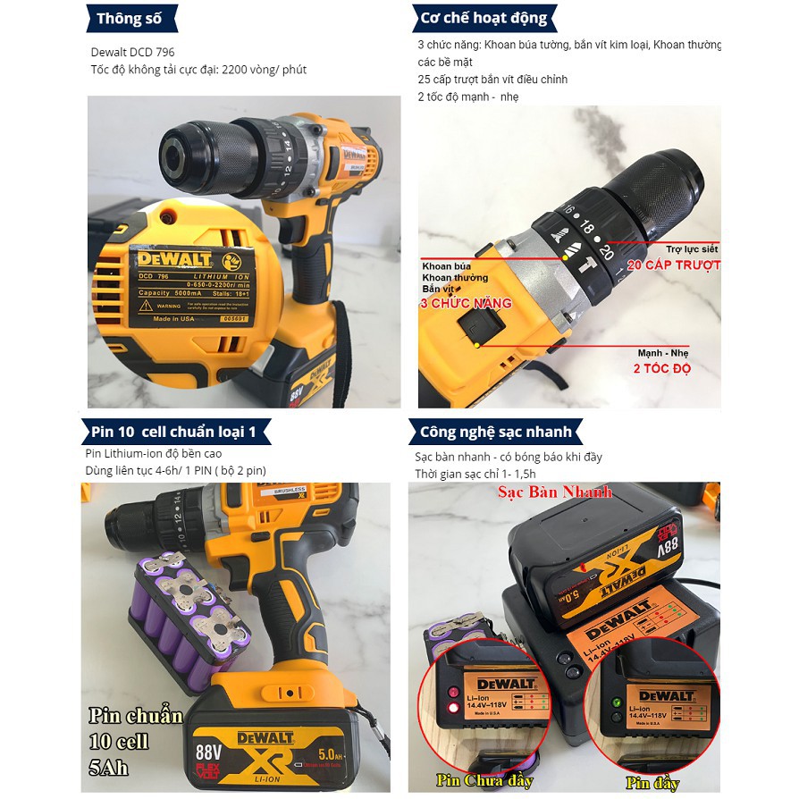 [Chính Hãng] Máy Khoan pin DEWALT 118V - 2 PIN KHỦNG 10 CELL - 3 chức năng: Khoan bê tông, sắt, gỗ, bắn vít, bắn tôn...